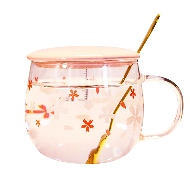 极速刻度玻璃杯樱花女带盖勺v泡茶大肚水杯耐高温办公室家用高颜