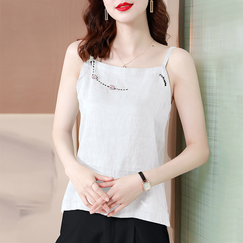新品2026夏季新款吊带背v心女无袖内搭打底小衫亚麻刺绣外穿宽松