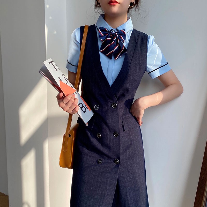 新品教师职业装女l气质两件套条纹马甲连衣裙幼儿园老师园服行政
