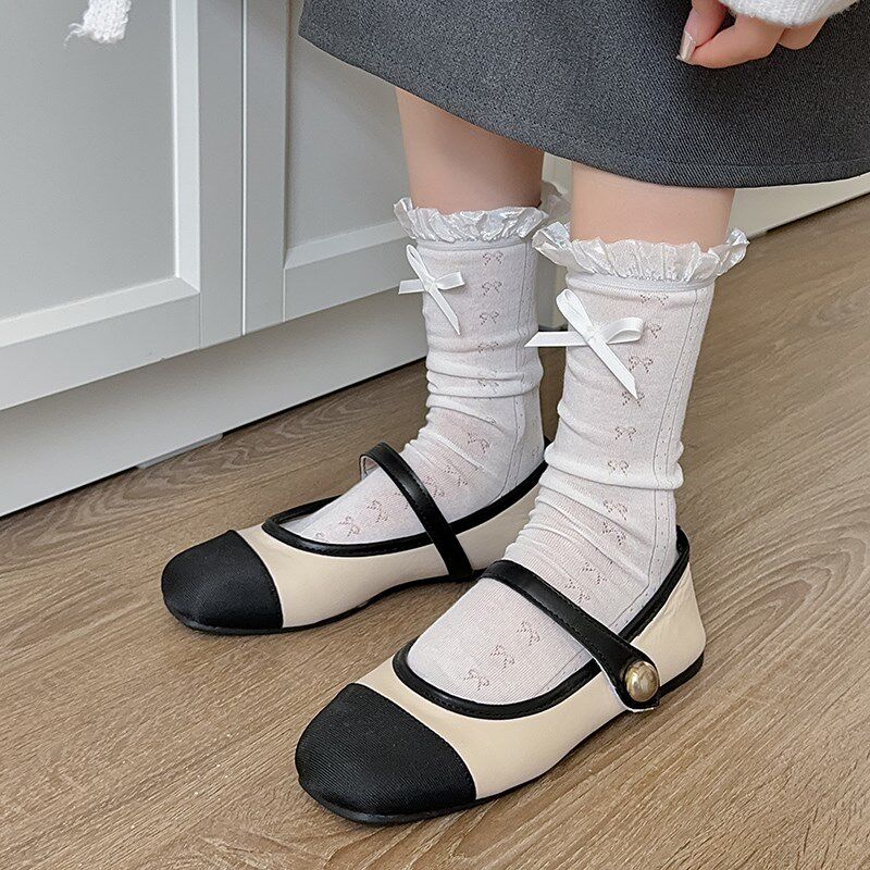 新品玛丽珍蕾丝花边袜子女中筒袜纯棉春夏薄款日系jk蝴Z蝶结白色