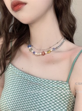 极速珍珠叠戴双j层项链女嘻哈情侣配饰韩系小众设计感彩色串珠颈