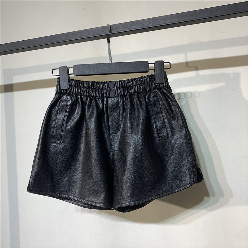 极速酷酷啦韩版高腰皮短裤女秋y冬百搭皮裤外穿钮扣装饰宽松阔腿