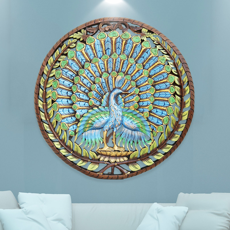 新品泰国木雕工艺k品东南亚风格软装柚木圆形孔雀雕花板家居装饰