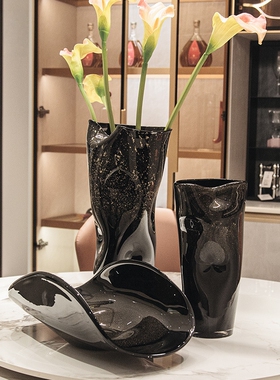 现代简约黑色洒金箔玻璃花瓶客厅果盘台面装饰品插花器软装样板间