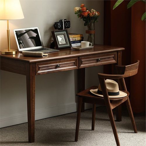 美式复古黑胡桃木全实木书桌写字台现代简约式电脑桌家用中古桌椅