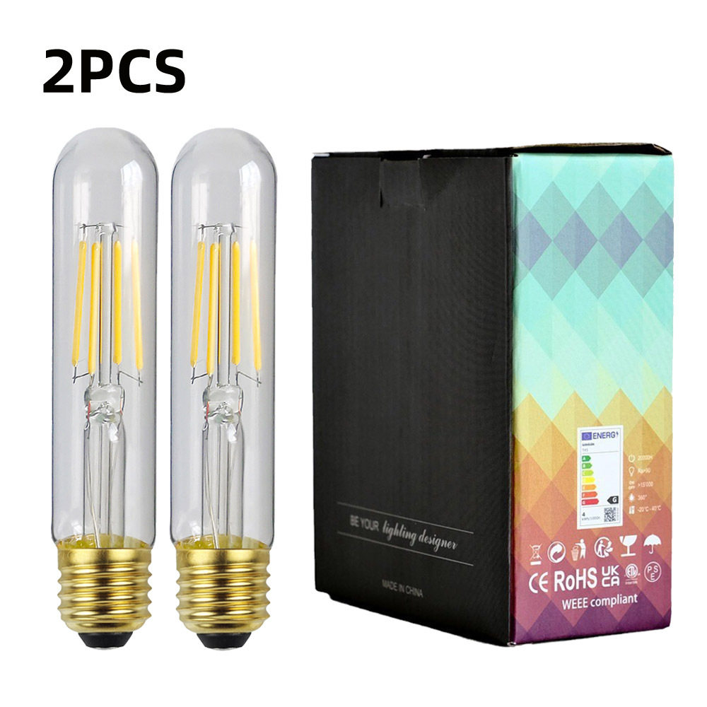 2个装T28试管灯LED灯丝灯泡120V 4W E26底座4000K中性光复古灯泡