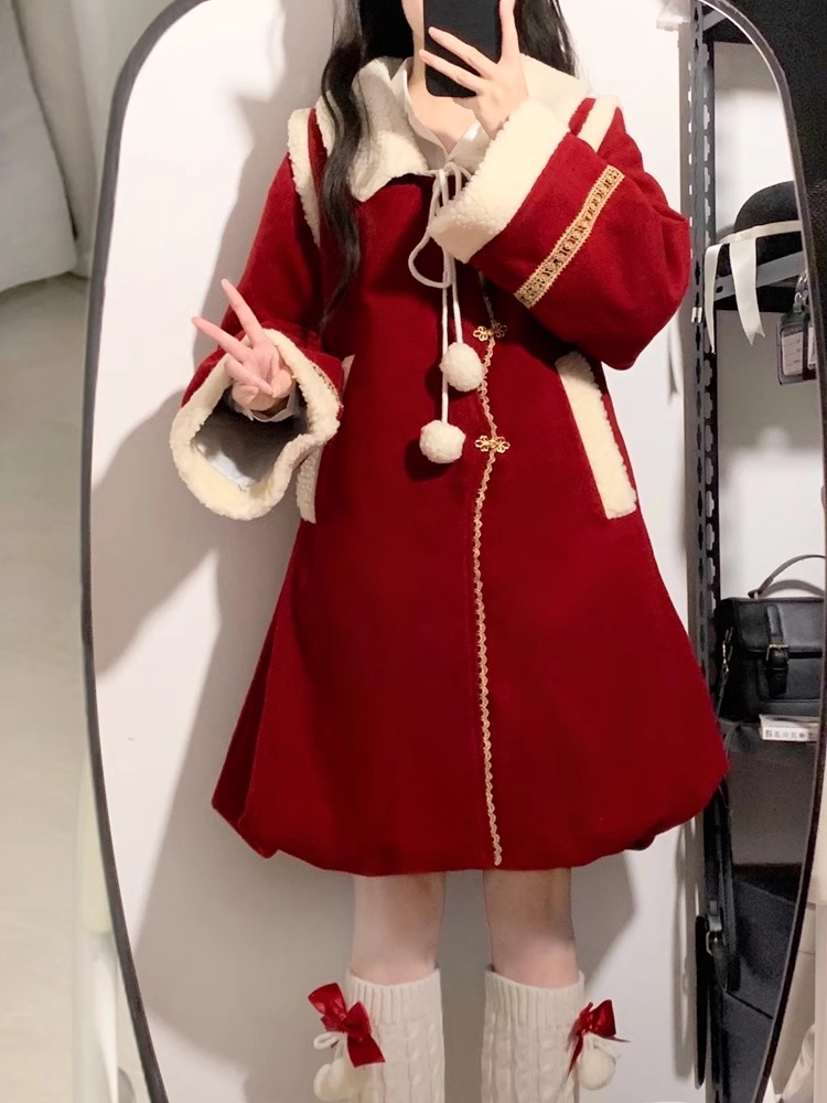 毛呢大衣女2024新款秋冬季加绒加厚中长款小个子新年战袍红色外套