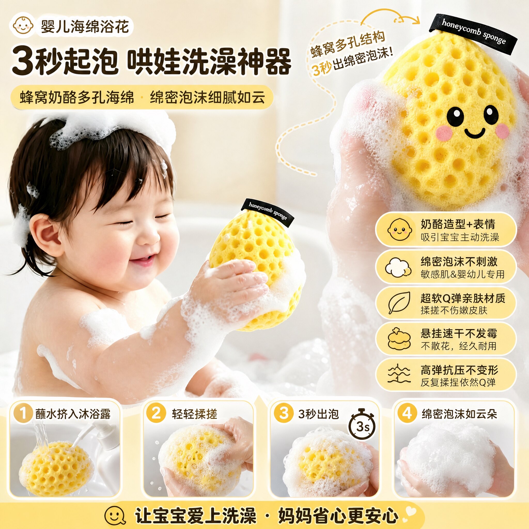 奶酪沐浴球超柔软蜂窝浴花球儿童宝宝洗澡起泡海绵女高档不散搓澡