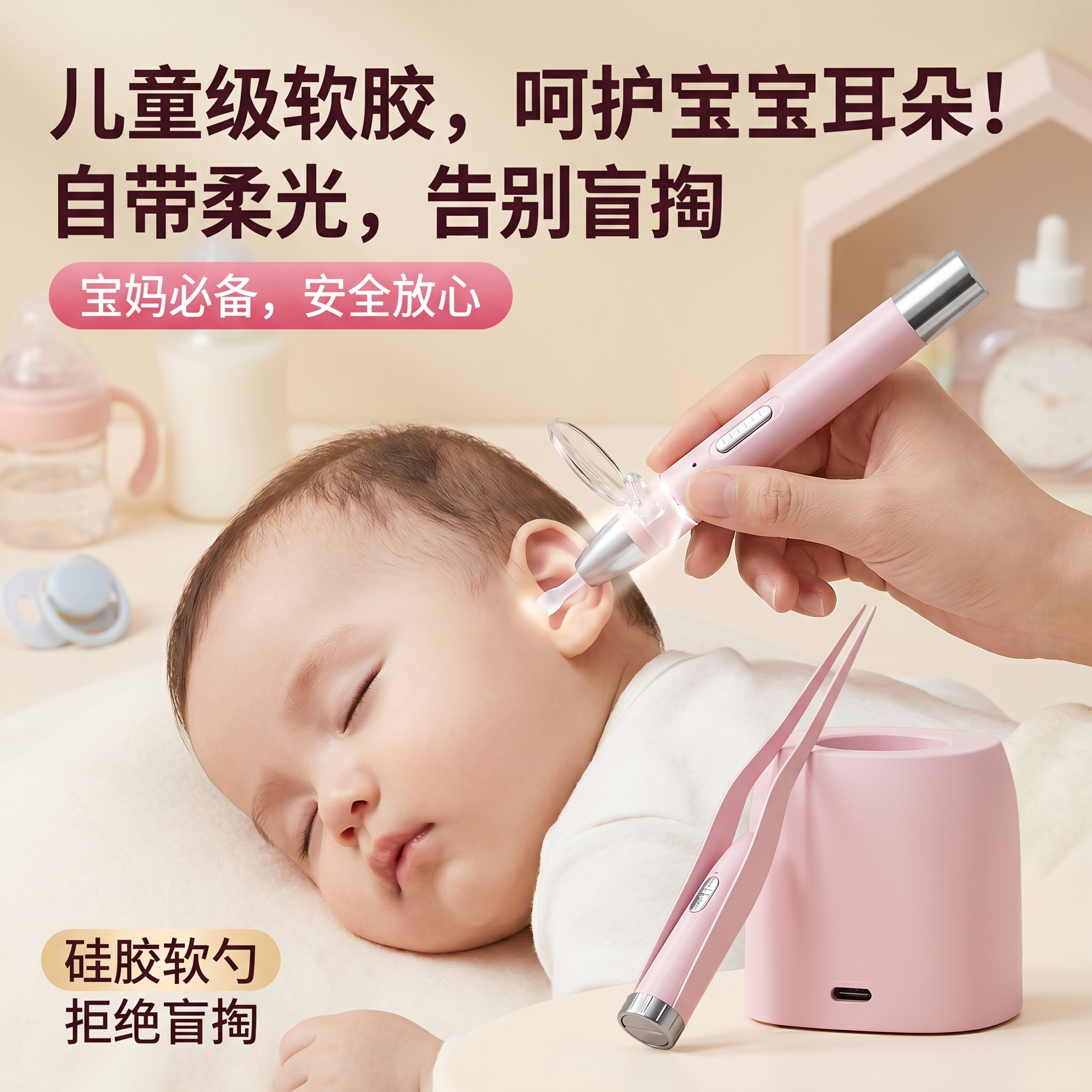挖耳勺神器发光掏耳勺硅胶软头婴儿童宝宝专用清耳屎带灯安全镊子
