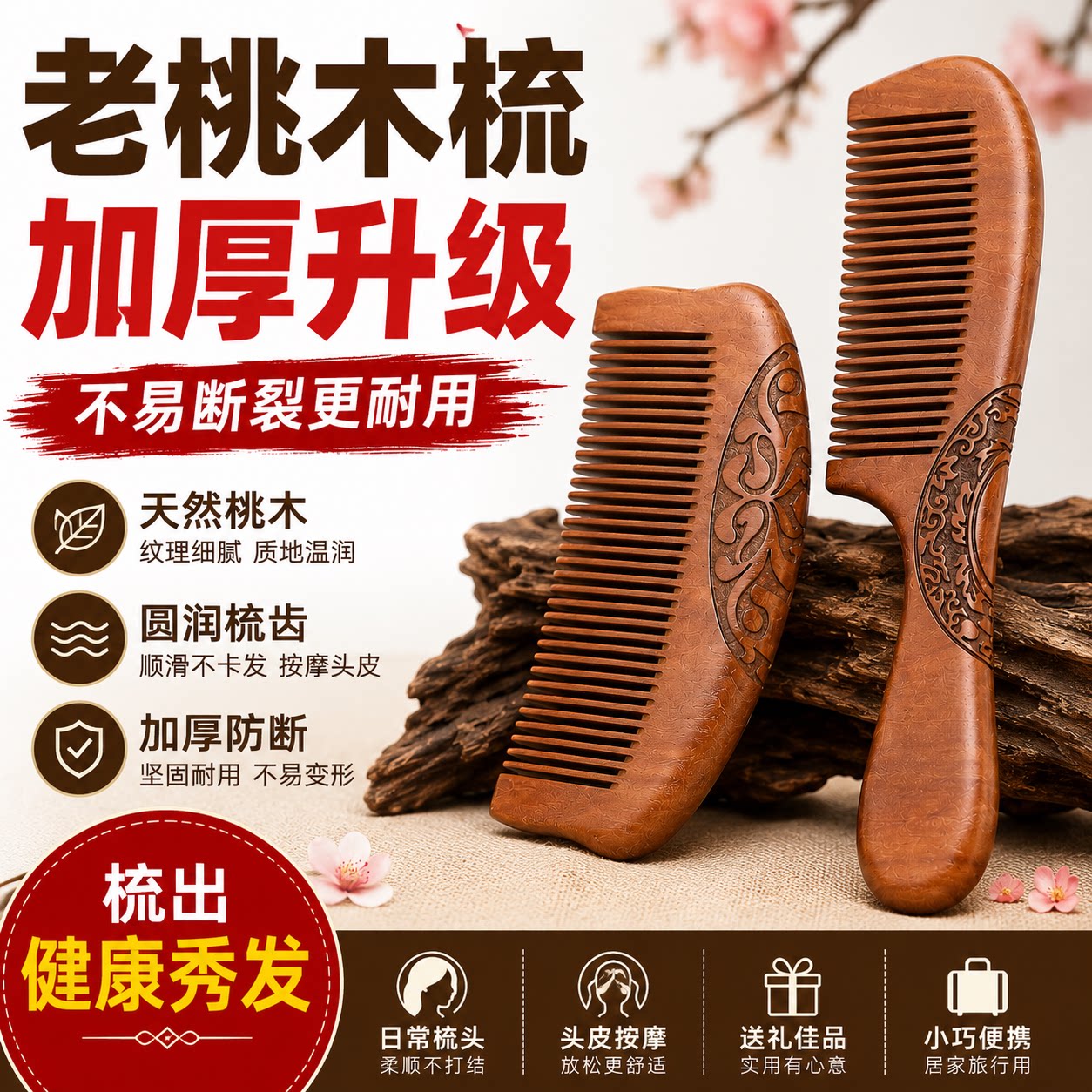 老桃木梳加厚防断裂头皮按摩雕刻木梳家用顺发天然实木防静电脱发