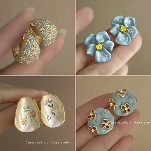 浮雕雾霍蓝法式 复古滴釉玫瑰花朵锆石耳坏女轻著高级感小众气质