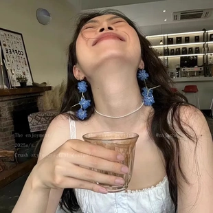 蓝色串珠花朵流苏耳环女春夏轻奢高级感耳坠海边度假风显脸小耳饰