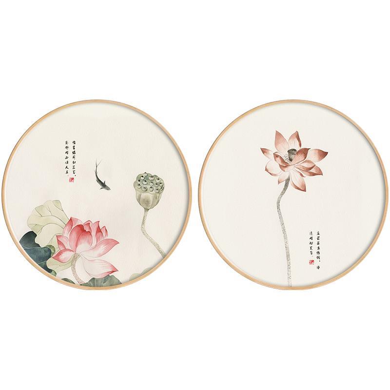 新中式餐厅装饰画荷花玄关挂画沙发背景墙古典禅意书房圆形字画图片