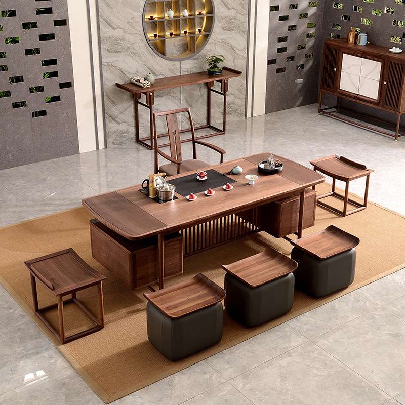 新中式全实木茶桌椅组合家用黑胡桃木茶桌办公会客原木功夫泡茶桌
