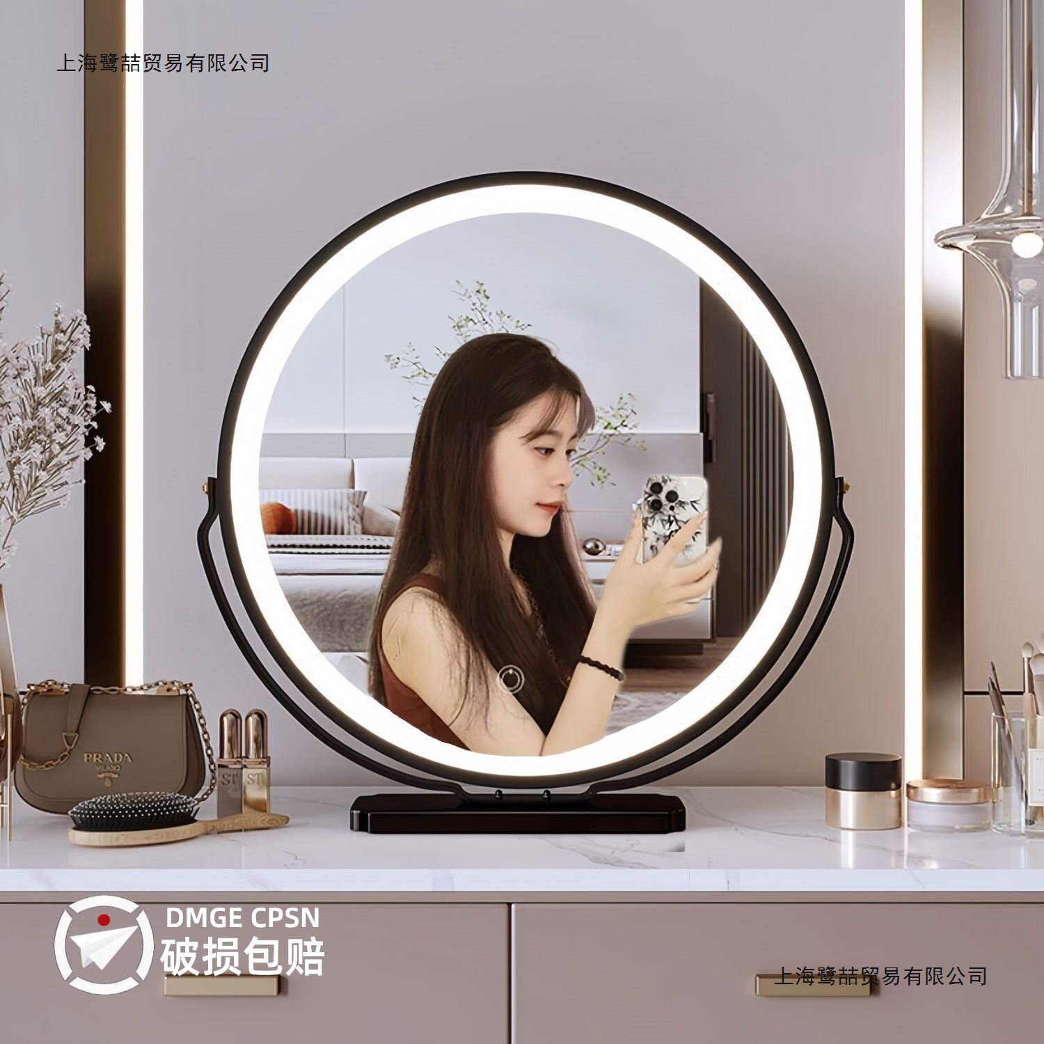 梳妆台化妆镜台式桌面带灯led可旋转补光智能家用镜子ins双面发光