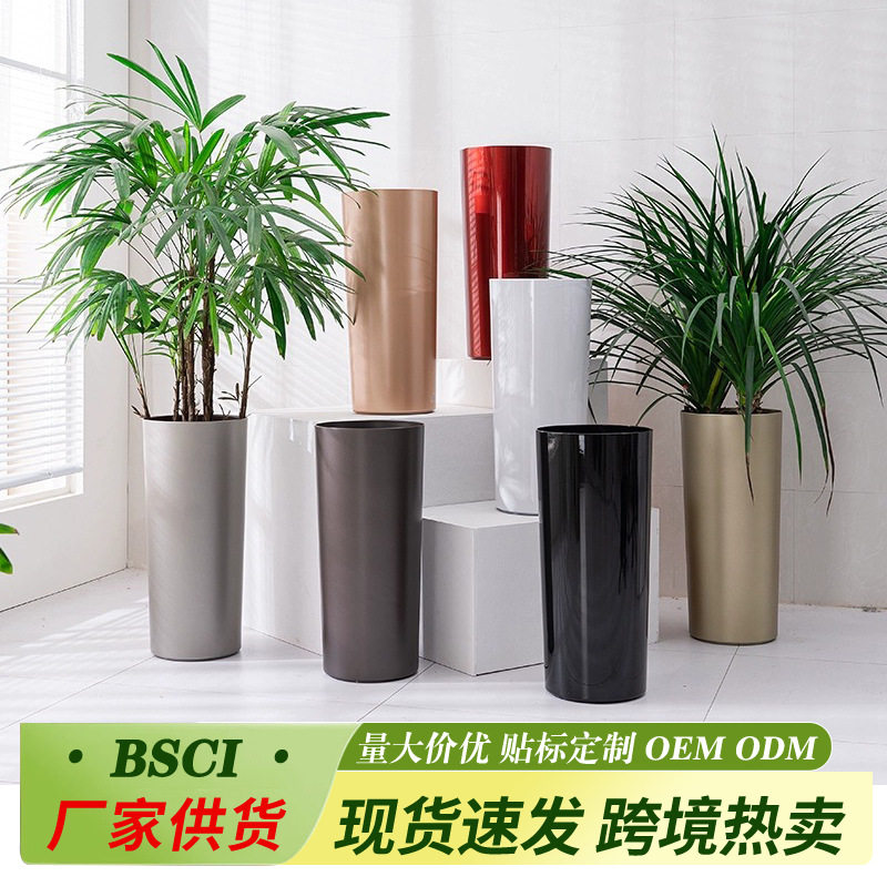 简约欧式烤漆圆柱大号高筒客厅室内盆景自动吸水懒人创意落地花盆