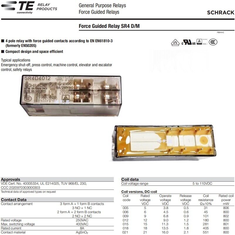 泰科电梯继电器SR4D4012 1415055-1 2开2闭12V