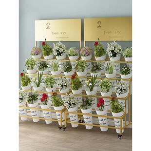 花店花艺鲜花塑料花桶架室内外带轮可移动带广告牌铁艺轻奢展示架