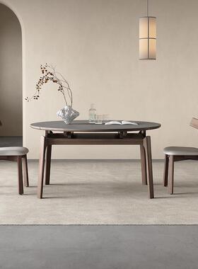 意式灰色岩板餐桌可伸缩圆形家用小户型饭桌椅现代简约实木圆餐桌