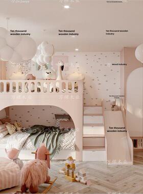 小公寓儿童房树屋床滑动床粉红色公主双层床定制多功能双层城堡床