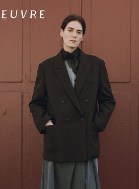loeuvre双排扣羊毛西装外套女士休闲牛角扣夹克垫肩上衣 SW5AJ321