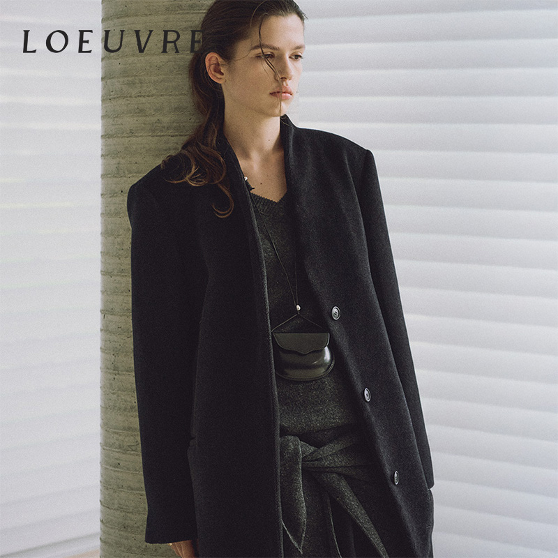 loeuvre羊毛外套女无领毛呢大衣