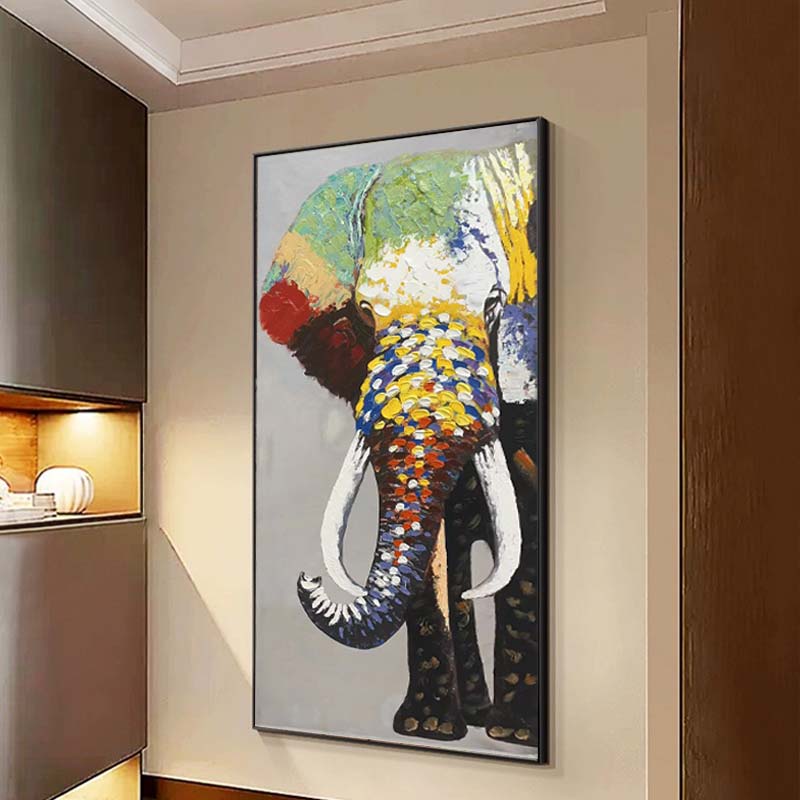 现代玄关手工油画 手工立体客厅挂画走廊过道装饰画彩色大象80160图片