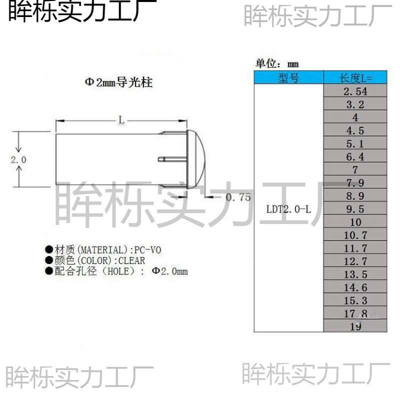 蘑菇圆头LDT2.0-L导光柱pc直径2MM带卡痕LED导光柱光源柱灯垒德株