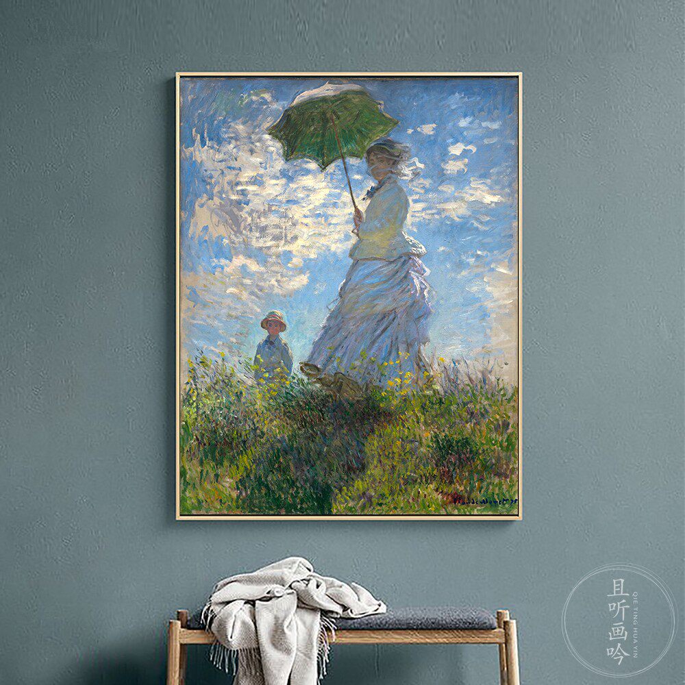 速发莫奈名画撑伞的人客厅装饰象睡莲日出印沙简约画发背景墙挂画