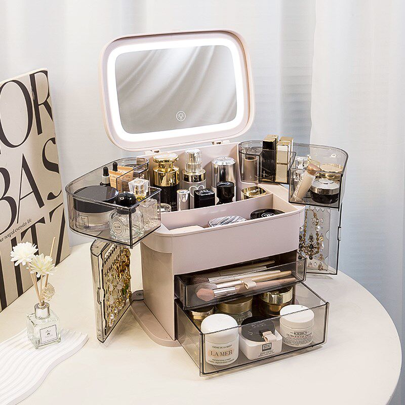 速发折一化妆镜收纳盒叠体便携桌面台式轻奢镜妆带灯贝壳梳妆美子
