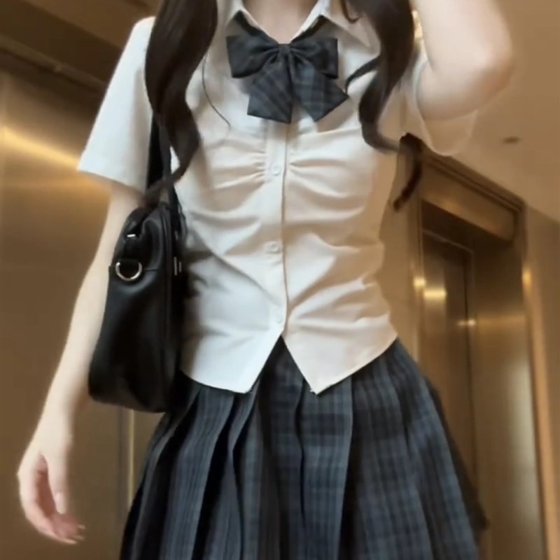 速发JK制服收腰白色皱格学院风褶夏衬衣季裙百褶裙套装