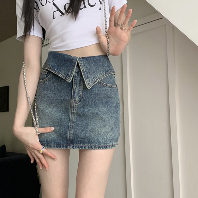 速发辣妹高腰牛仔短裙春款202设计感A字小个子包臀半身裙