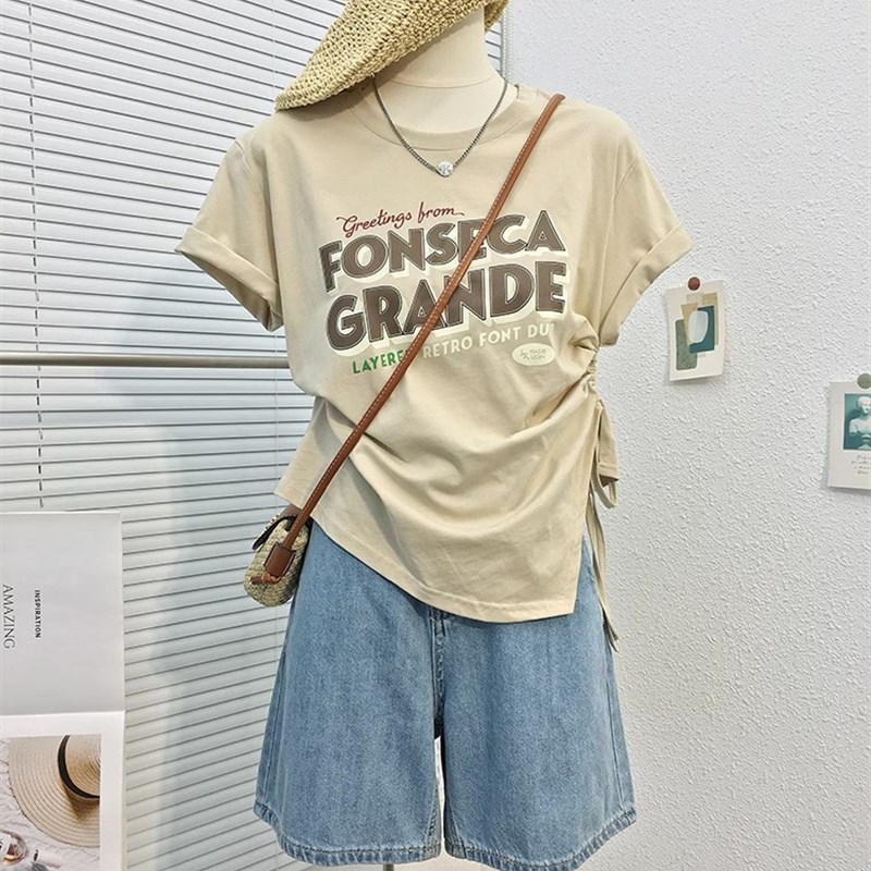速发设规感不计则抽绳正肩t恤夏2松2新款宽0辣妹短款上衣