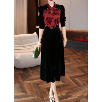速发长袖连衣裙2025新款高端改良旗袍妈妈气质礼服裙子