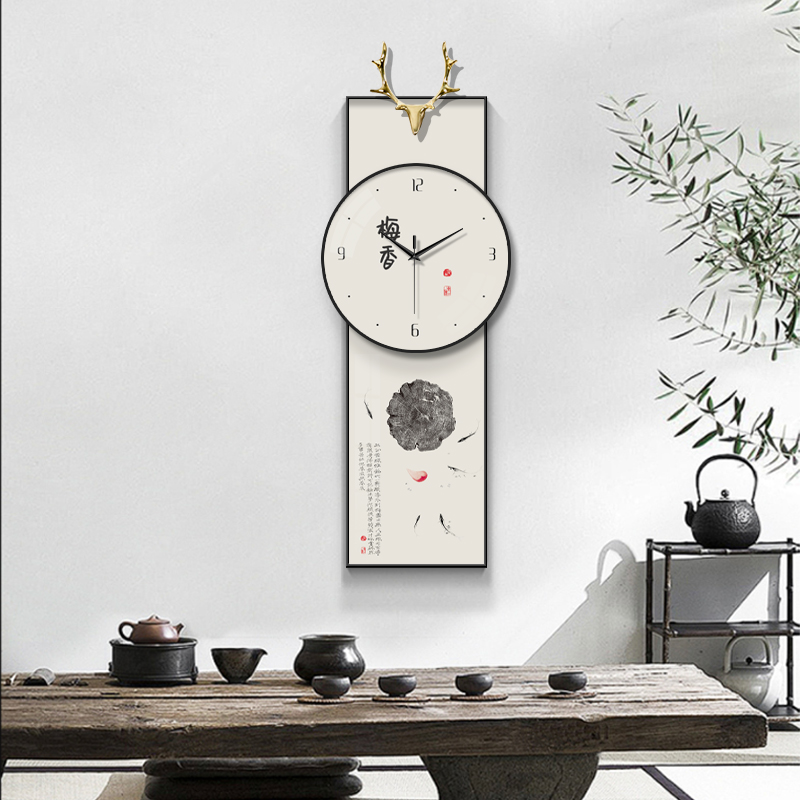 禅意新中式玄关装饰画餐厅时钟客厅入户门走廊创意带钟表挂钟壁画图片