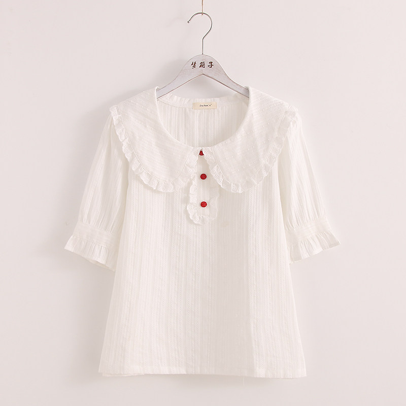 梦箱子2024夏新款蕾丝娃娃领提花棉布衬衣女荷叶边袖宽松套头衬衫
