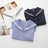 单排扣宽松减龄衬衫 梦箱子2025夏新款 清新纯色棉布衬衣海军领短袖