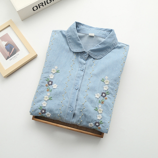 梦箱子2023春新款文艺花朵刺绣宽松衬衣翻领长袖绣花休闲牛仔衬衫