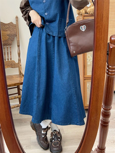 梦箱子2024春新款 立体剪裁牛仔八片裙半身裙松紧腰A字纯色中长裙