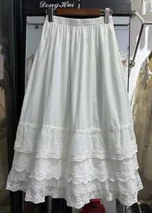 梦箱子2024春新款 刺绣棉布半身裙松紧腰纱网蕾丝蛋糕裙森女中长裙