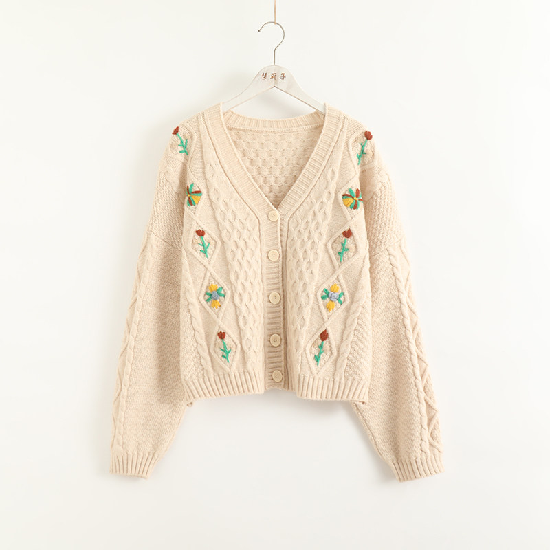 梦箱子2024秋新款手工花朵刺绣大V领单排扣开衫宽松长袖针织毛衣,女装/女士精品,毛针织衫,淘宝优惠券,粉丝福利购,淘宝优惠卷