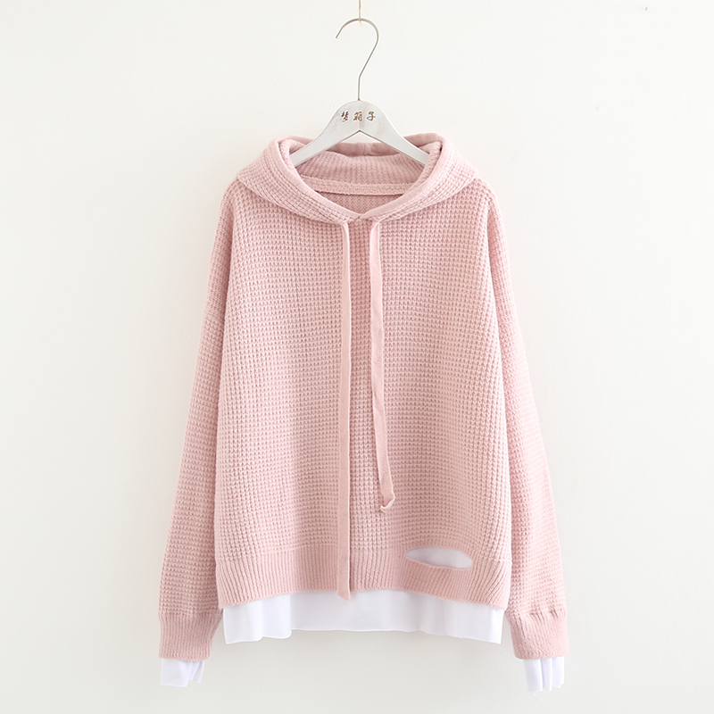 梦箱子2023秋新款文艺清新纯色学生毛衫女假两件连帽套头宽松毛衣