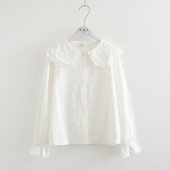 梦箱子2025新款 小清新提花纯棉布衬衣女蕾丝娃娃领百搭宽松白衬衫