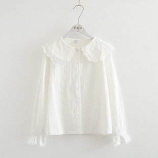 梦箱子2025新款 小清新提花纯棉布衬衣女蕾丝娃娃领百搭宽松白衬衫