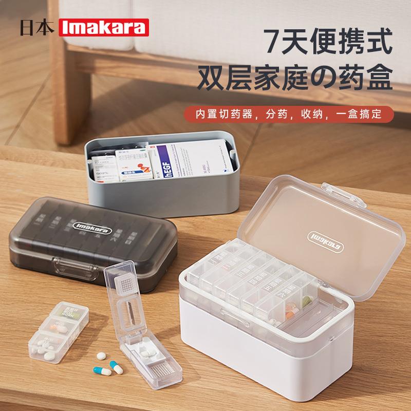 日本便携药品分装盒密封防潮双切分磨药器携随身带层药盒