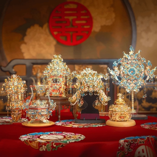 拼酷十里红妆全套带罩点翠凤冠喜扇花轿提篮宫灯妆奁模型金属拼图