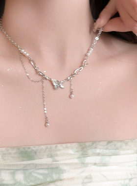一抹青绿 珍珠流苏蝴蝶项链女款2026新款轻奢小众锁骨链颈链配饰