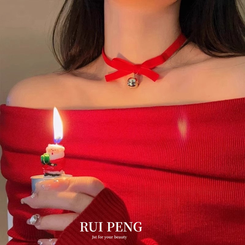 圣诞节铃铛项链女秋冬choker红色丝绒蝴蝶结颈链项圈纯欲风锁骨链