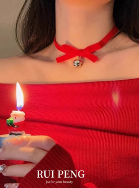 圣诞节铃铛项链女秋冬choker红色丝绒蝴蝶结颈链项圈纯欲风锁骨链