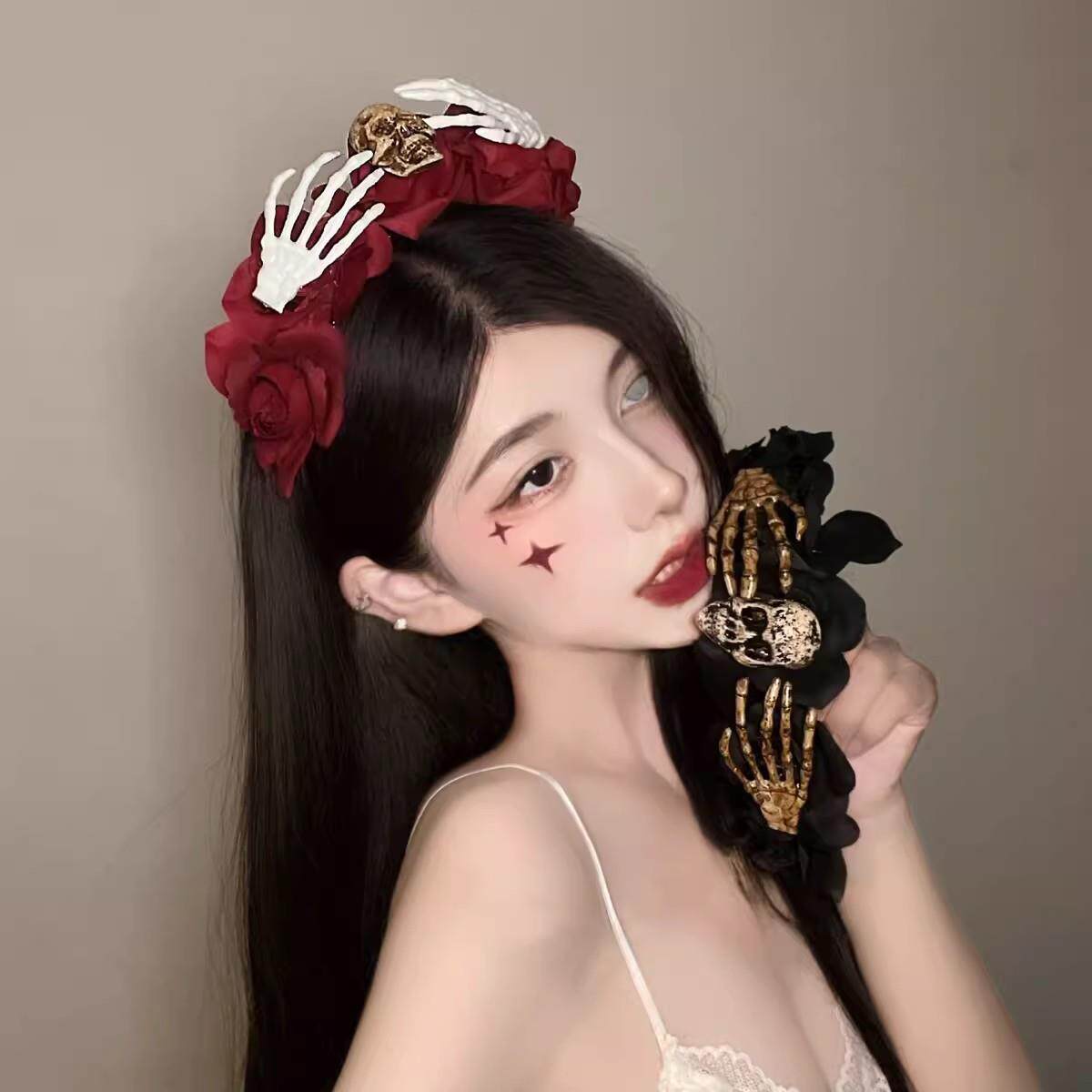 暗黑哥特风红玫瑰发箍女搞怪骷髅鬼爪头箍万圣节COS发饰装扮道具